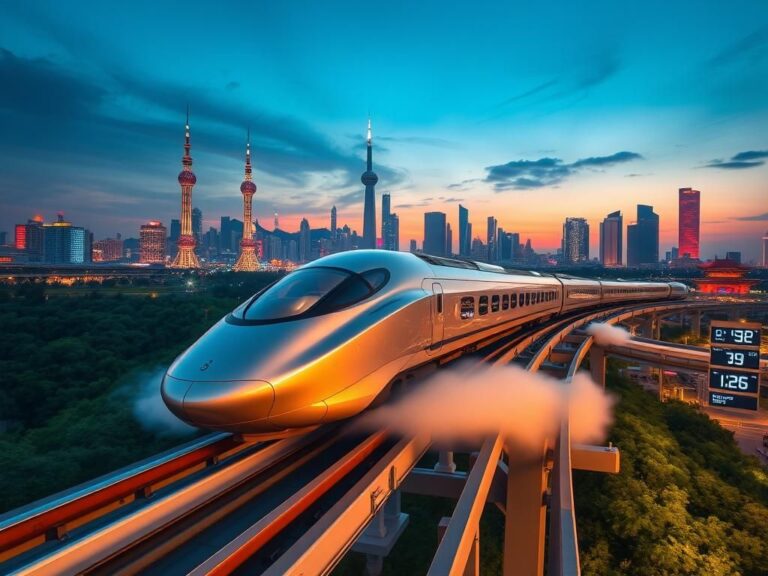 Flick International A sleek, futuristic bullet train speeding down an elevated track in Beijing during twilight.