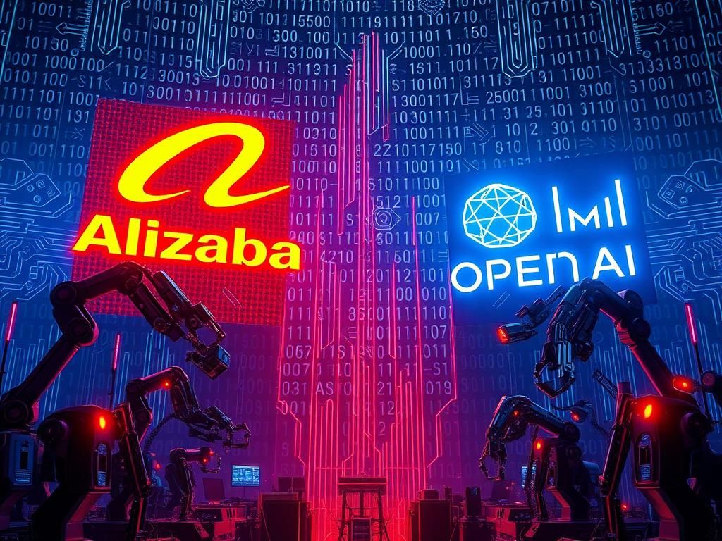 Flick International Futuristic digital landscape showcasing AI competition between Alibaba, OpenAI, and Meta