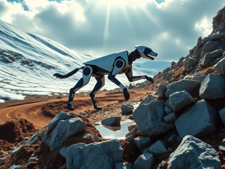 Flick International Lynx robot dog demonstrating unique hybrid wheeled-leg design navigating rugged terrain