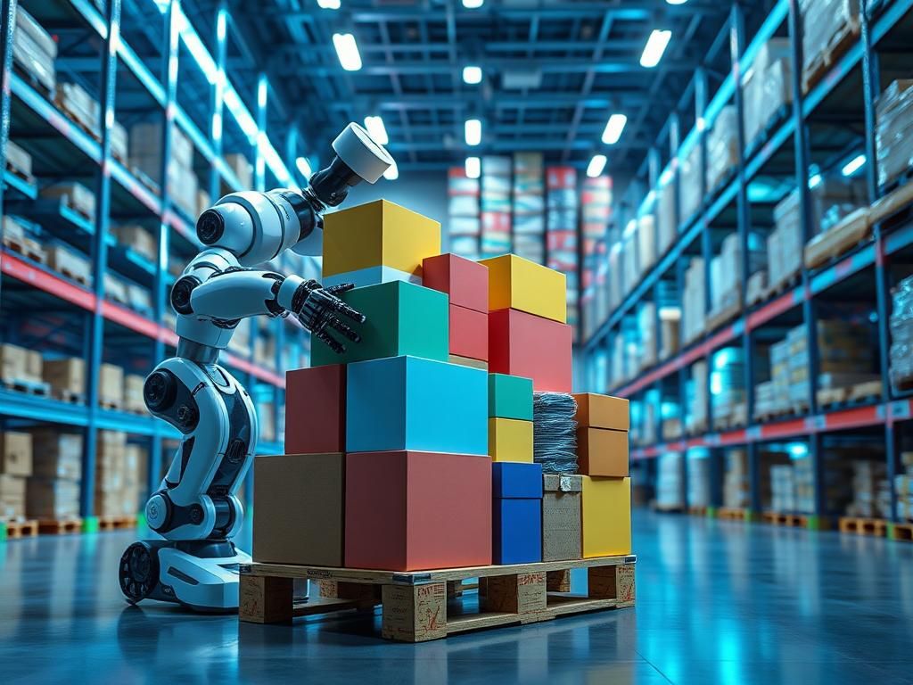 Flick International Advanced robotic system stacking colorful geometric boxes in a modern warehouse