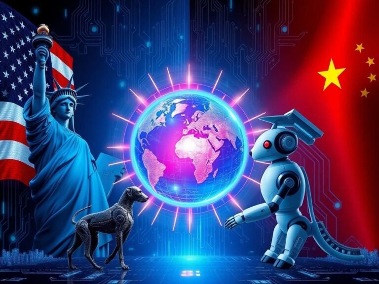 Flick International Visually striking representation of the US-China AI competition, featuring iconic symbols and futuristic tech.