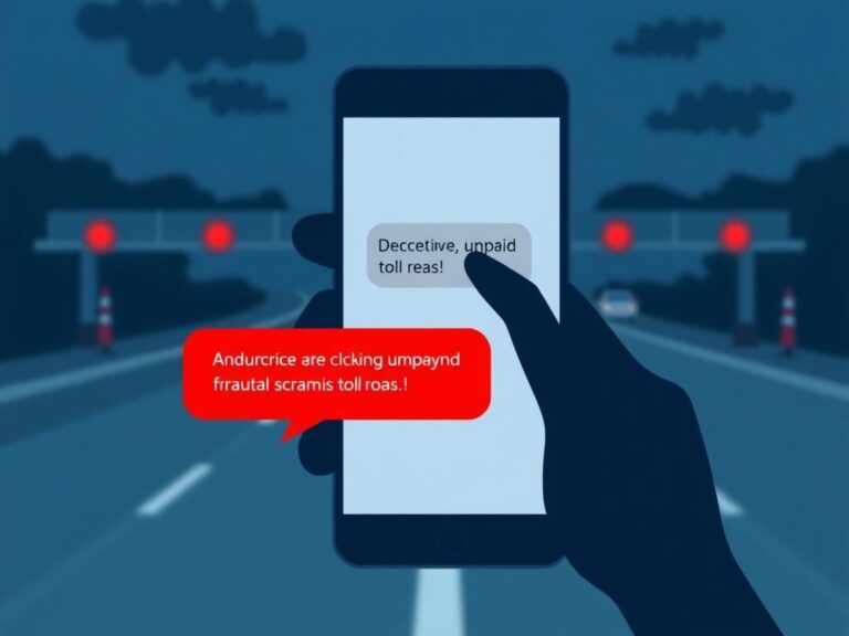 Flick International Smartphone displaying a fake toll road text message amid an ominous shadow