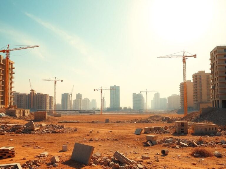 Flick International Panoramic view of the Gaza Strip showing a blend of destruction and development with construction cranes.