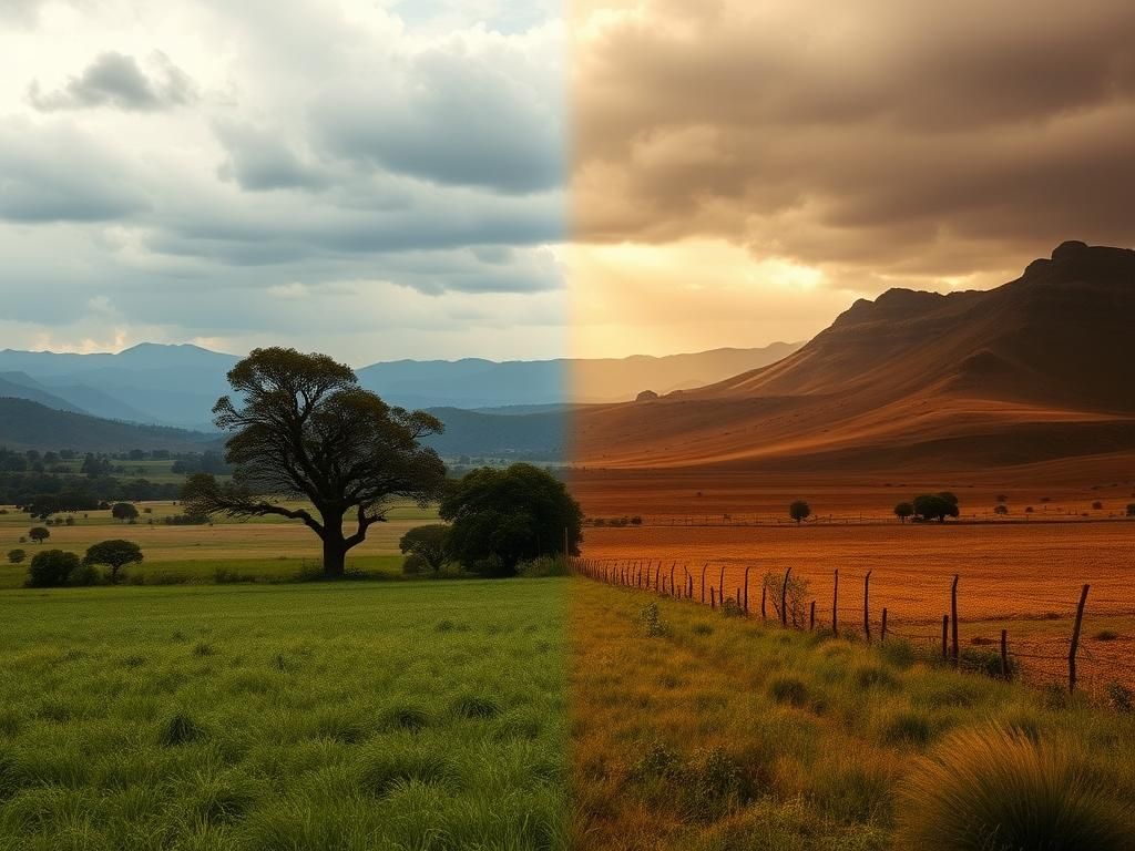 Flick International Dramatic landscape of South Africa showcasing farmland with wind-battered trees and a contrast between flourishing crops and barren land