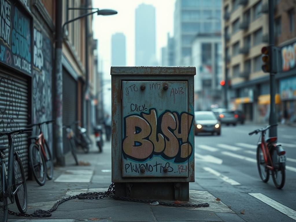 Flick International Nondescript metal box designed to camouflage as a telecom signal box on a gritty urban street