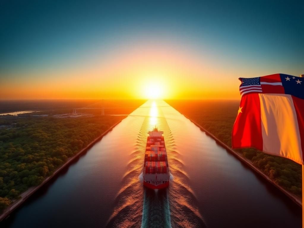 Flick International Panoramic view of the Panama Canal at sunrise with a cargo ship navigating through the waterway