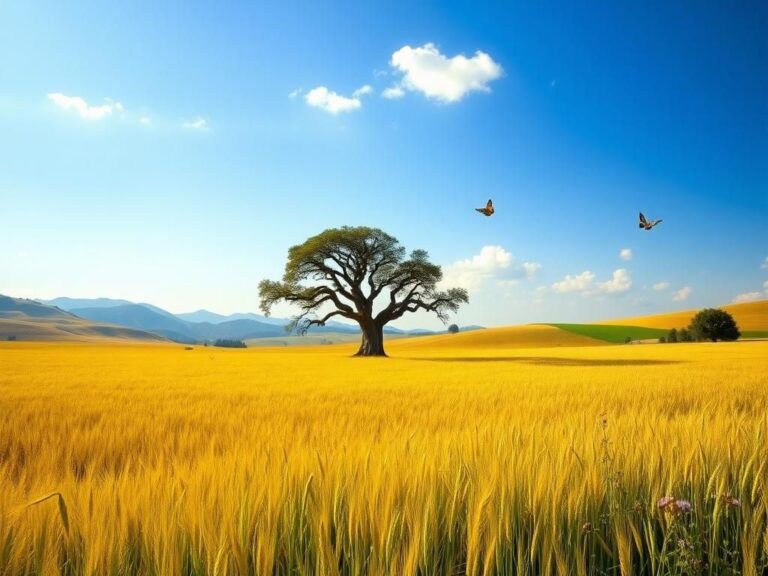 Flick International A serene landscape of a sun-drenched wheat field under a clear blue sky