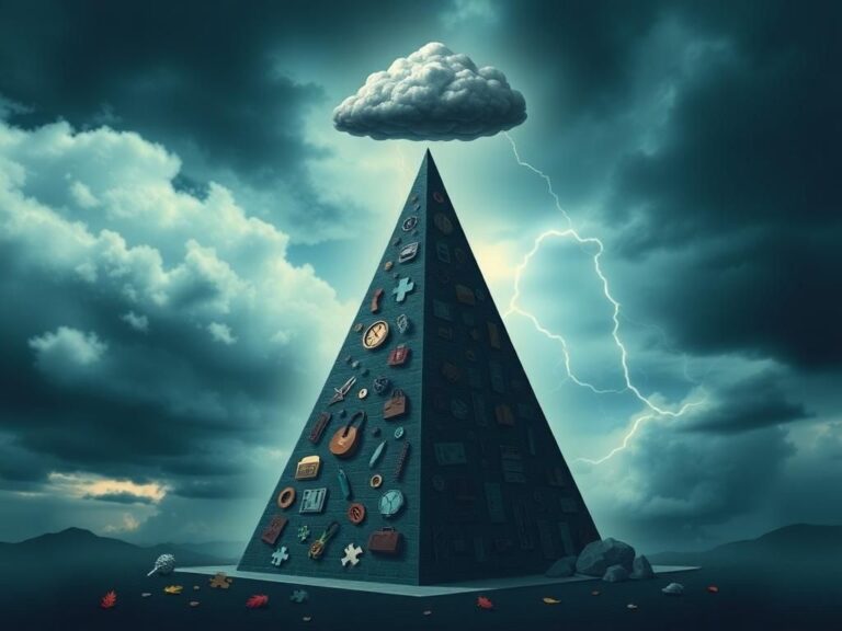 Flick International A towering pyramid structure representing America's hierarchy of troubles against a stormy sky