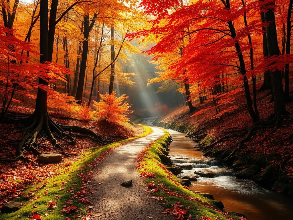 Flick International A serene autumn landscape featuring golden and crimson leaves falling from trees along a winding path.