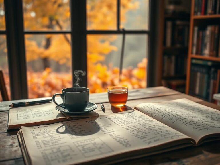 Flick International Close-up of a weathered wooden desk with notebooks and a cup of herbal tea