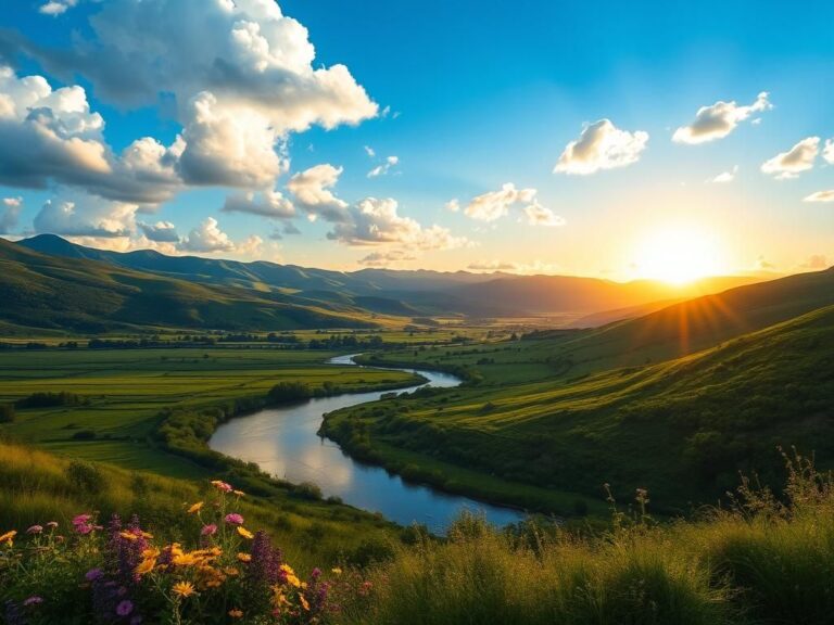 Flick International Lush green valley under a bright blue sky with a meandering river