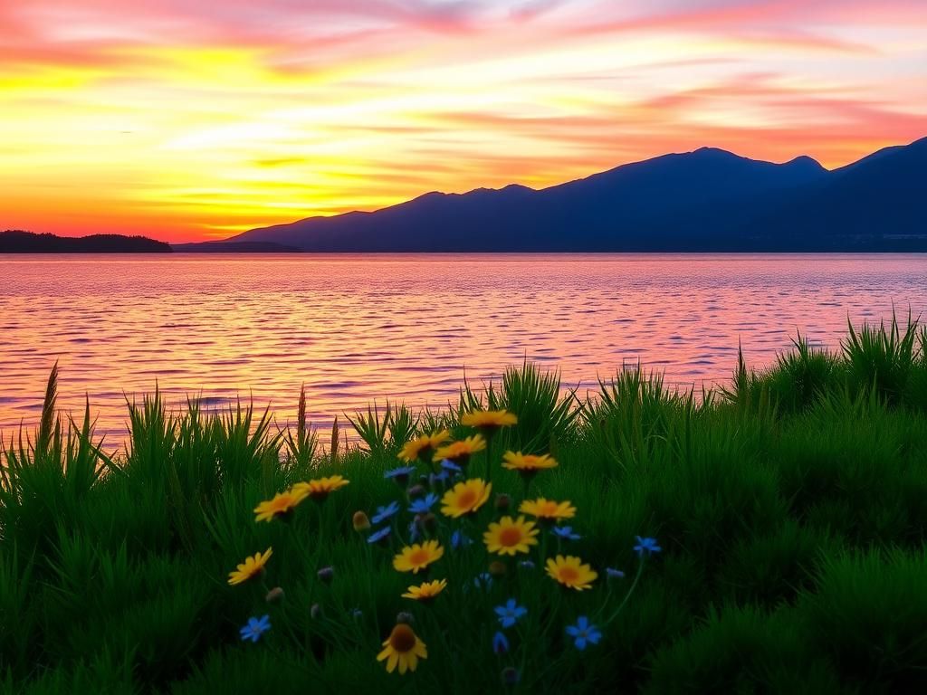 Flick International Vibrant sunset over a calm lake with wildflowers in the foreground