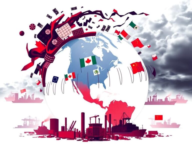 Flick International A dramatic illustration of a globe surrounded by economic symbols and barriers representing tariffs