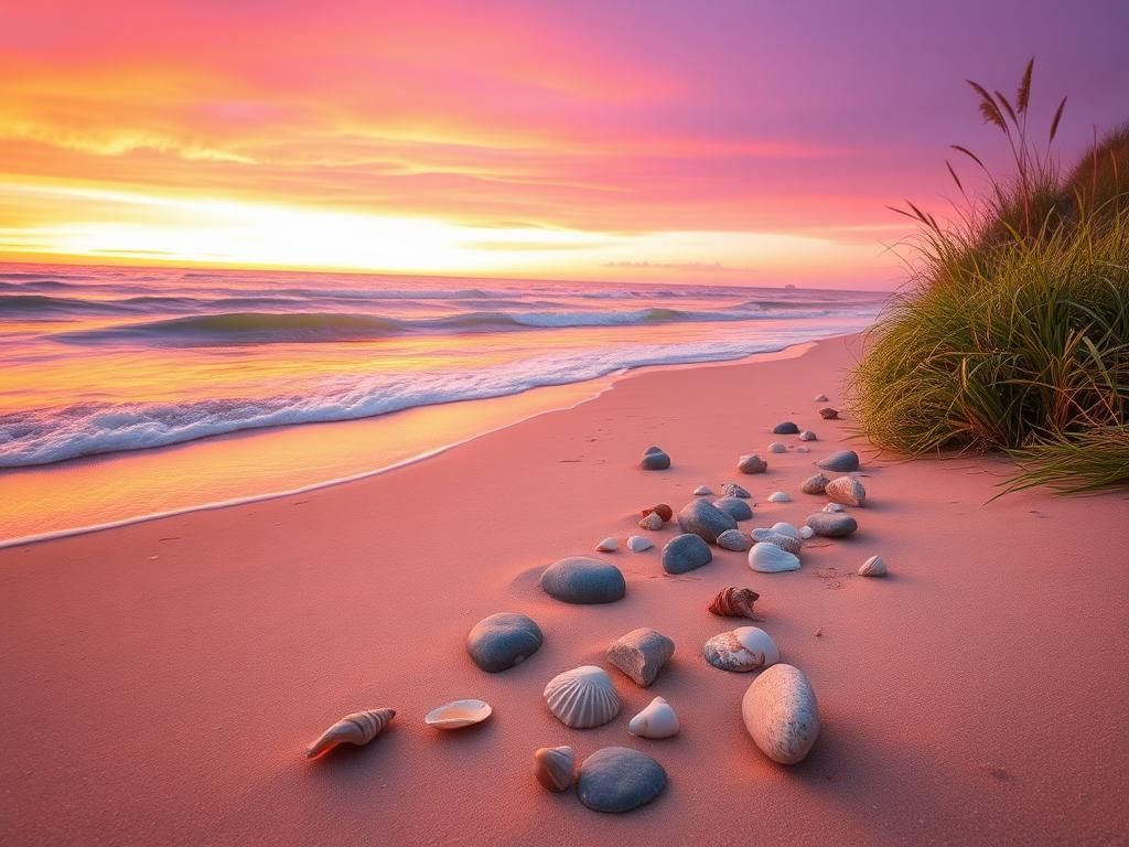 Flick International Serene coastal landscape at sunset with gentle waves and glistening seashells