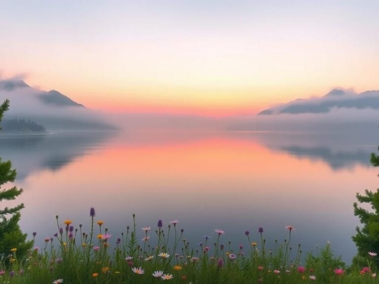 Flick International A serene landscape with a tranquil lake and misty mountains at sunrise