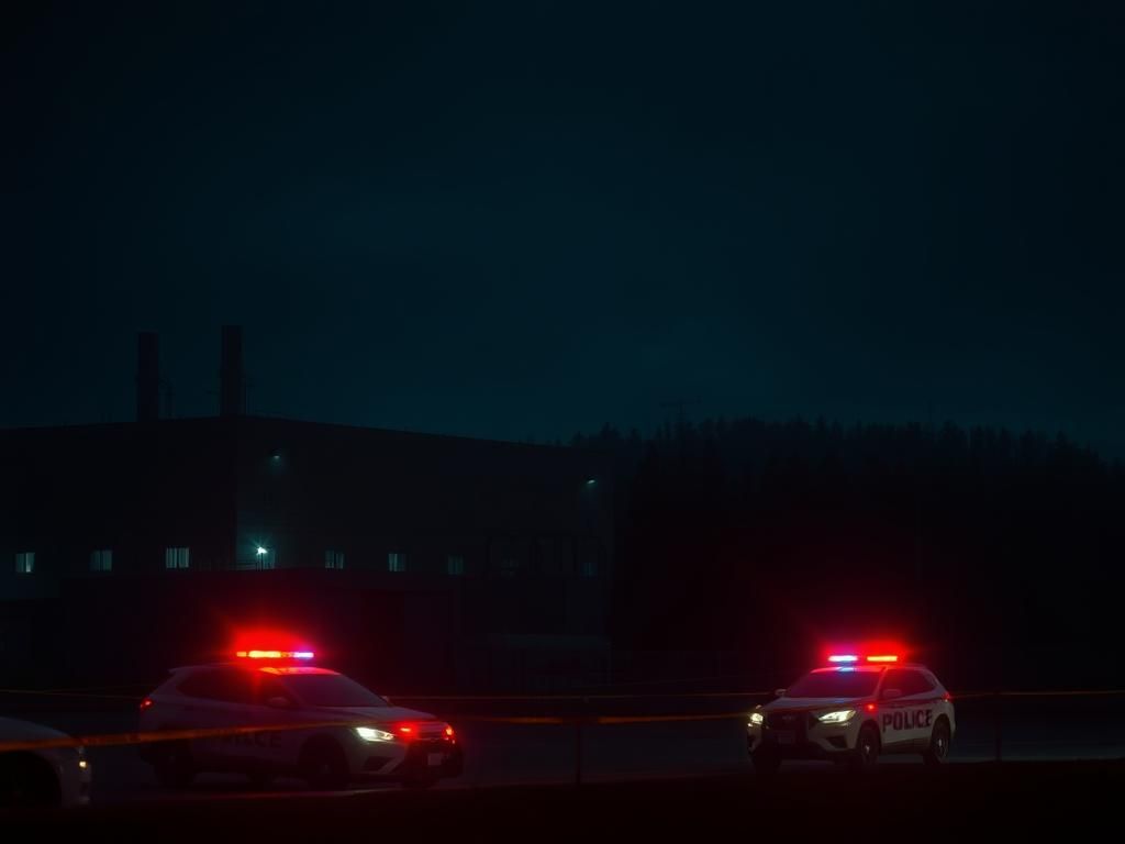 Flick International Dark industrial manufacturing facility at night with police activity