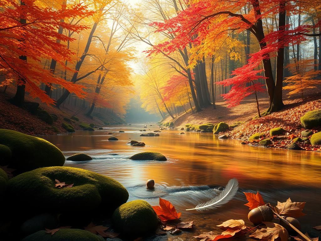 Flick International Serene autumn forest with golden and crimson leaves and a reflective stream