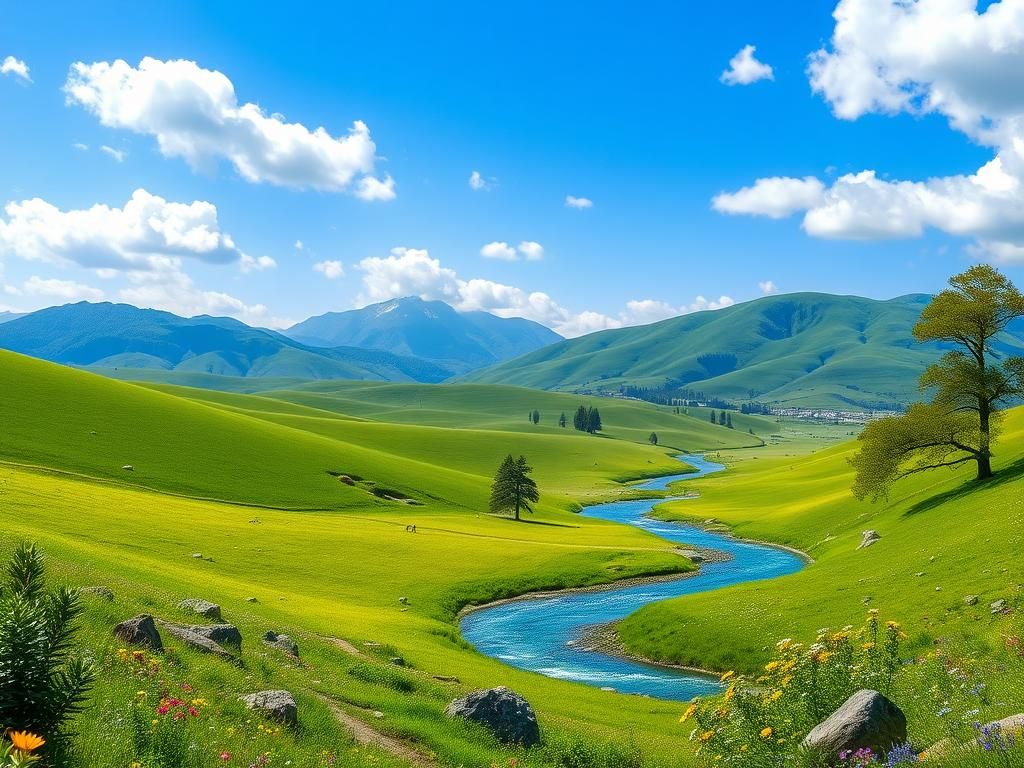 Flick International Serene landscape of a lush green valley with wildflowers and a winding river