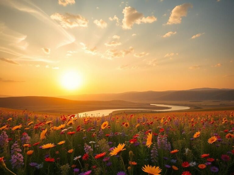 Flick International A serene landscape of vibrant wildflowers under a golden sunset sky