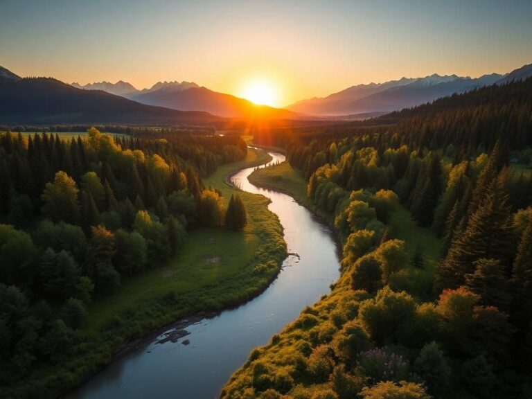 Flick International Aerial view of a lush green landscape with a winding river and dense forest