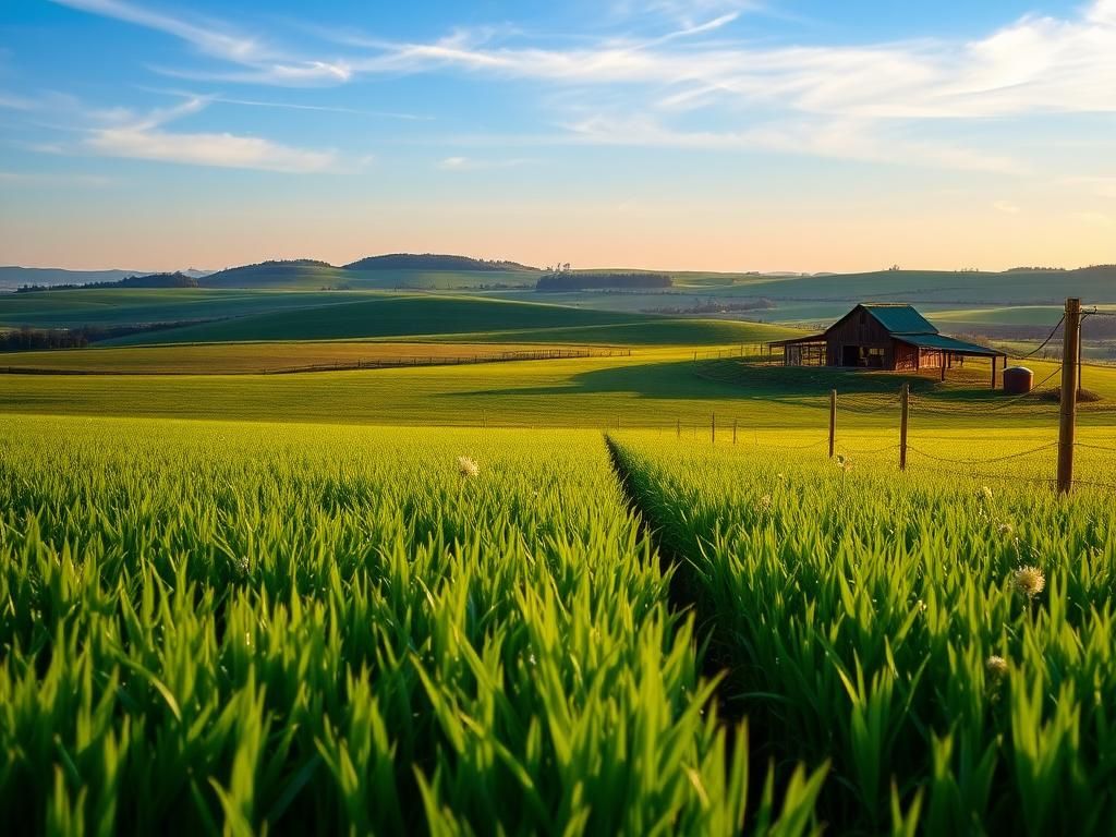 Flick International Serene early morning landscape over agricultural fields with dew-kissed grass and vibrant crops