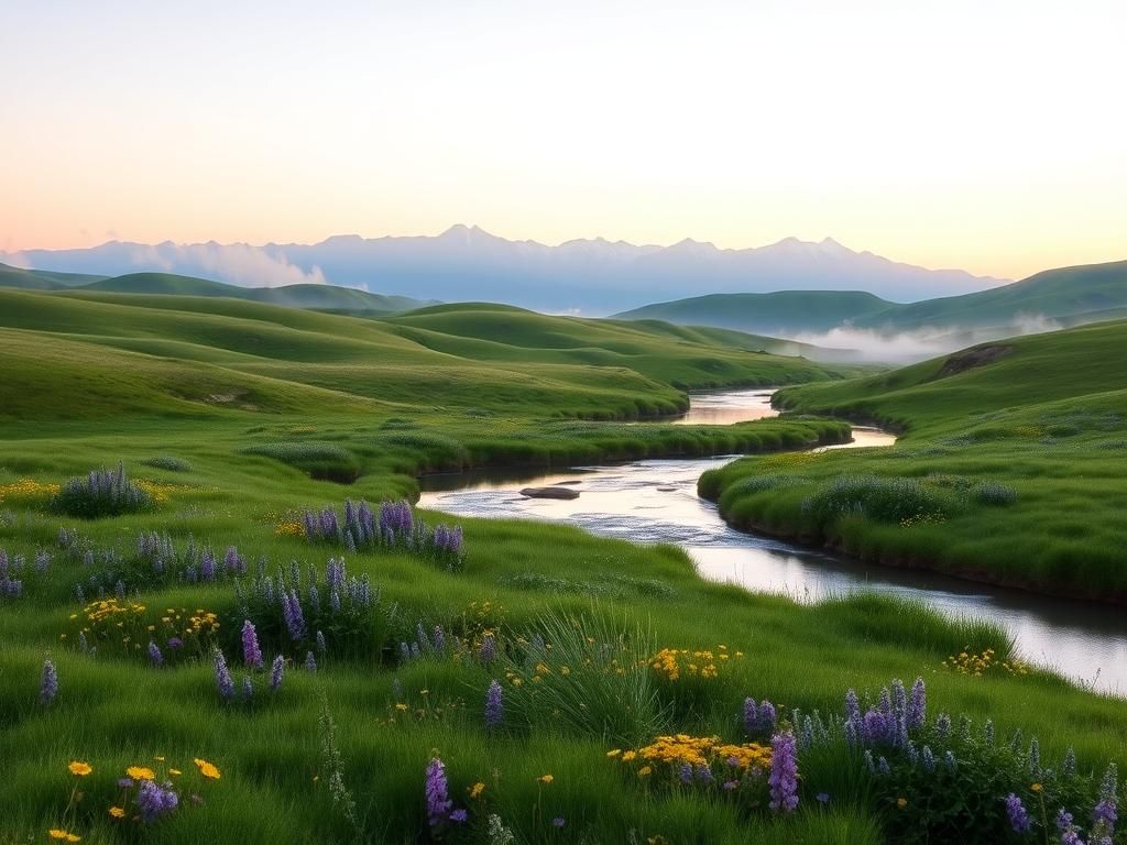 Flick International Tranquil landscape at dawn with rolling hills and wildflowers