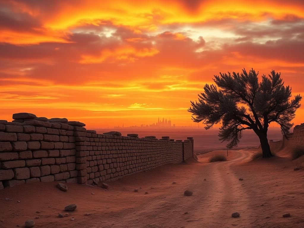 Flick International A dramatic desert landscape under a sunset sky with ancient stone walls and olive trees symbolizing the Israeli-Palestinian conflict.