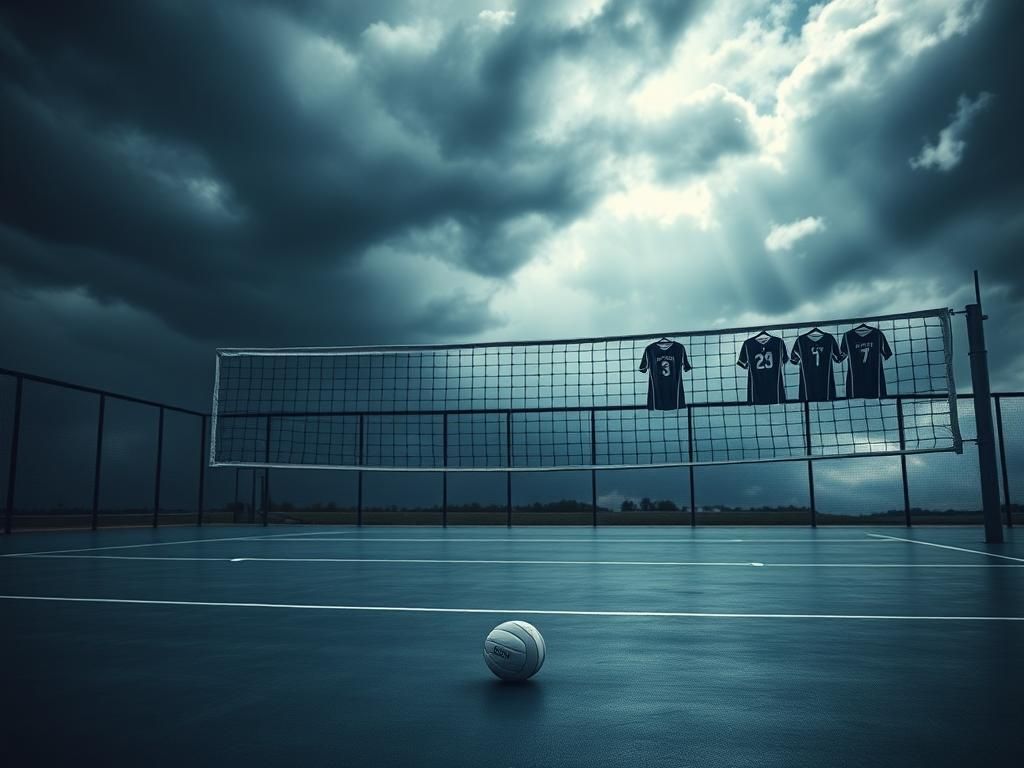 Flick International A somber female volleyball court scene with a stormy sky backdrop