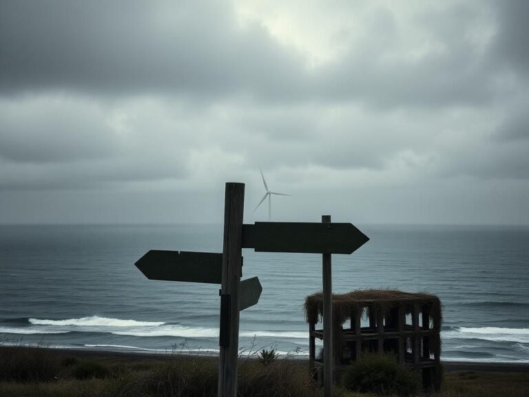 Flick International Dramatic coastline with offshore wind turbine partially shrouded in fog