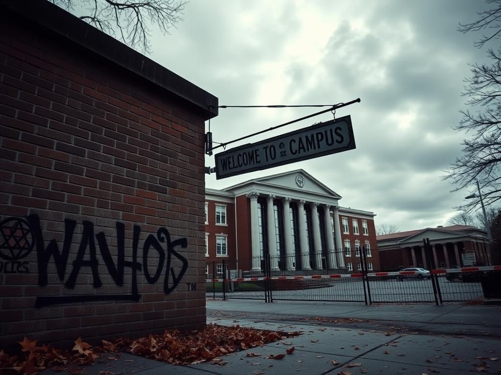 Flick International Exterior view of a university campus under overcast skies