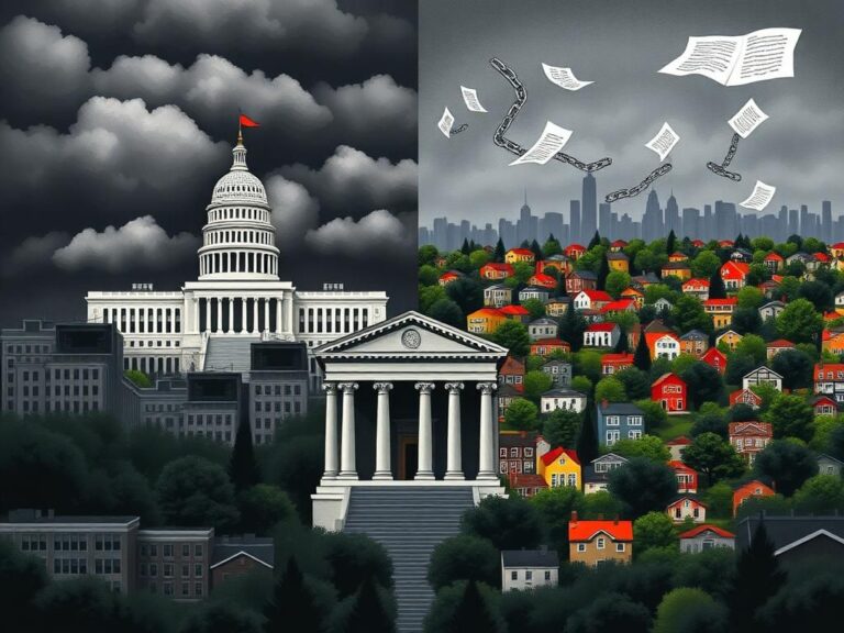 Flick International A split cityscape illustrating contrasting themes of federal authority and sanctuary city ideals