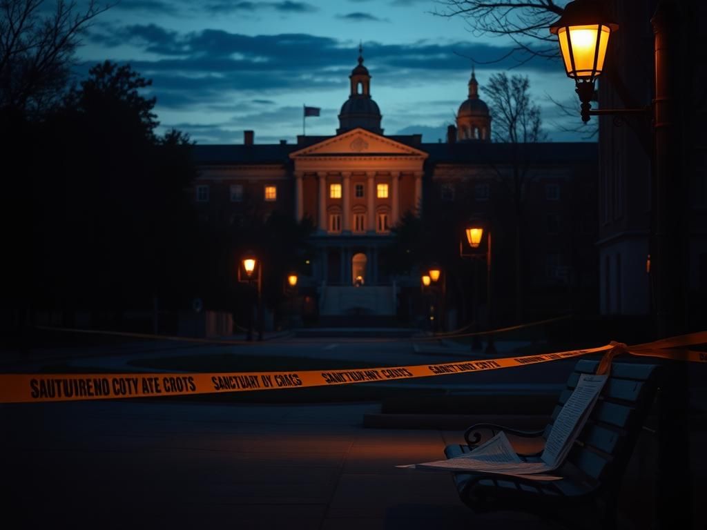 Flick International Dramatic dusk view of a college town showcasing a prominent university building and shadows on an empty street