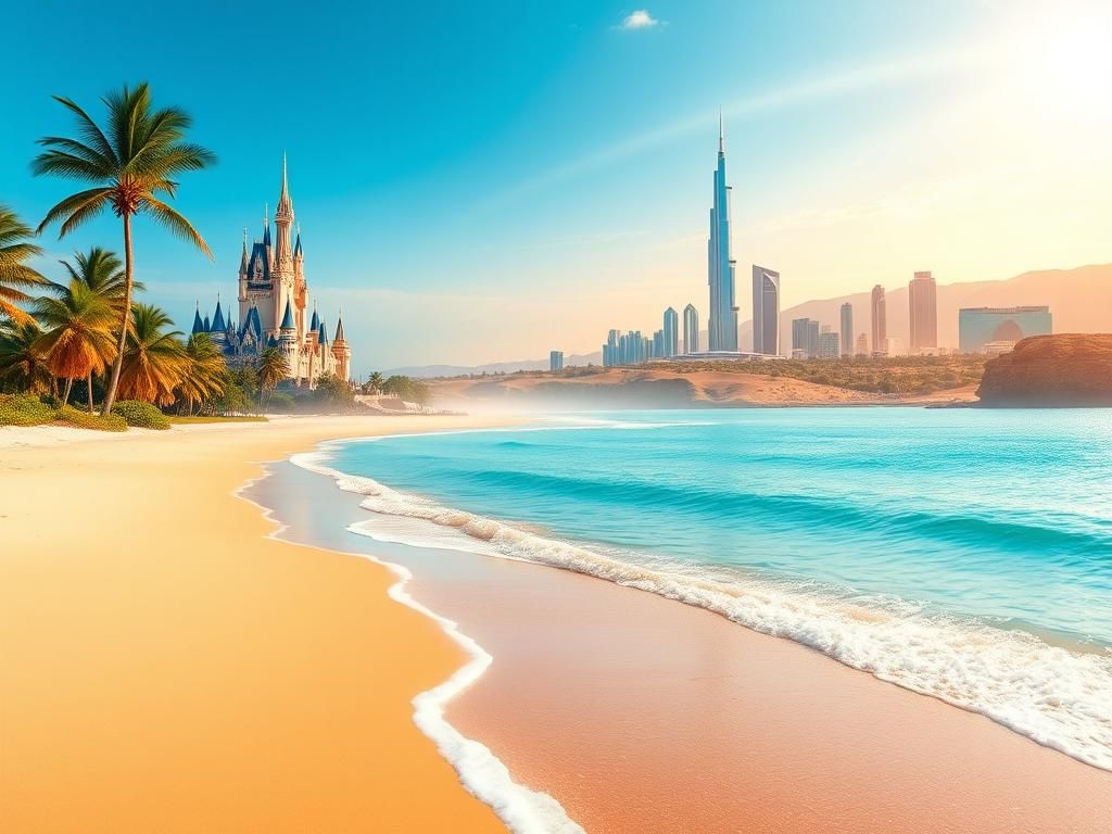 Flick International A scenic view of a sandy beach with palm trees and famous landmarks like Cinderella Castle and Dubai skyline