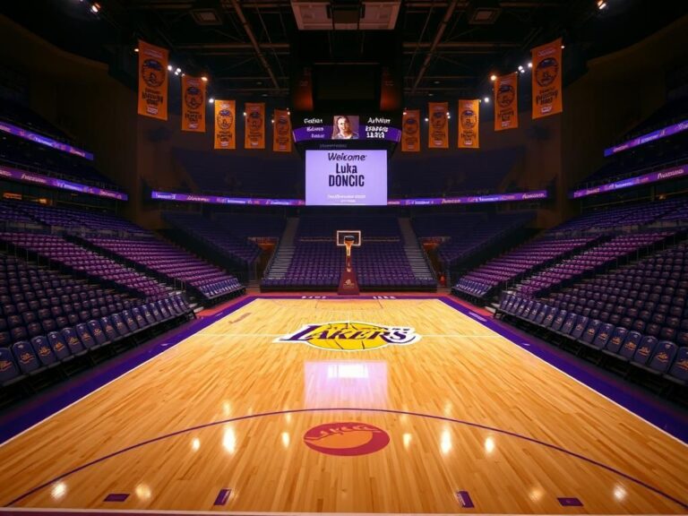 Flick International Empty basketball court at Staples Center with Lakers logo and welcome message for Luka Doncic