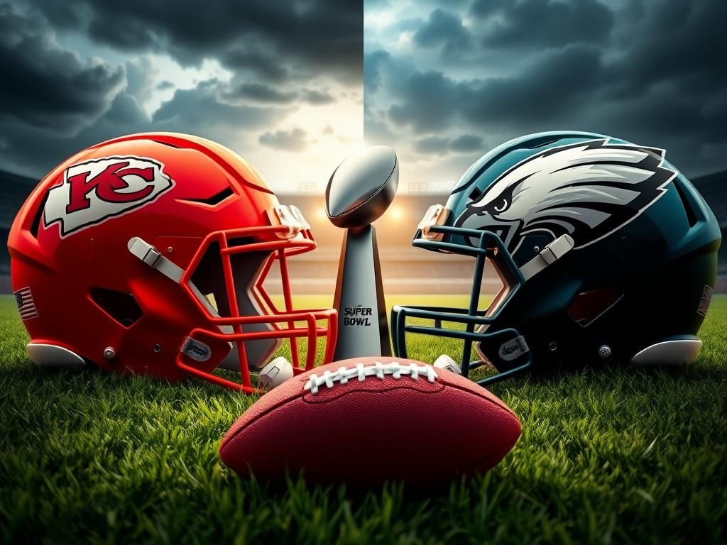 Flick International Split view of Kansas City Chiefs and Philadelphia Eagles football helmets on grassy field with Vince Lombardi Trophy