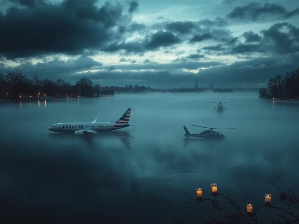 Flick International A misty Potomac River at twilight with submerged aircraft hints at tragedy after DC plane crash