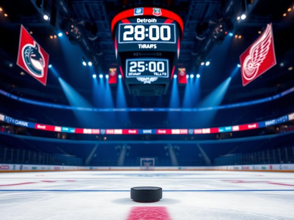 Flick International Dynamic scene of an empty NHL ice hockey rink with team logos and a hockey puck on the ice