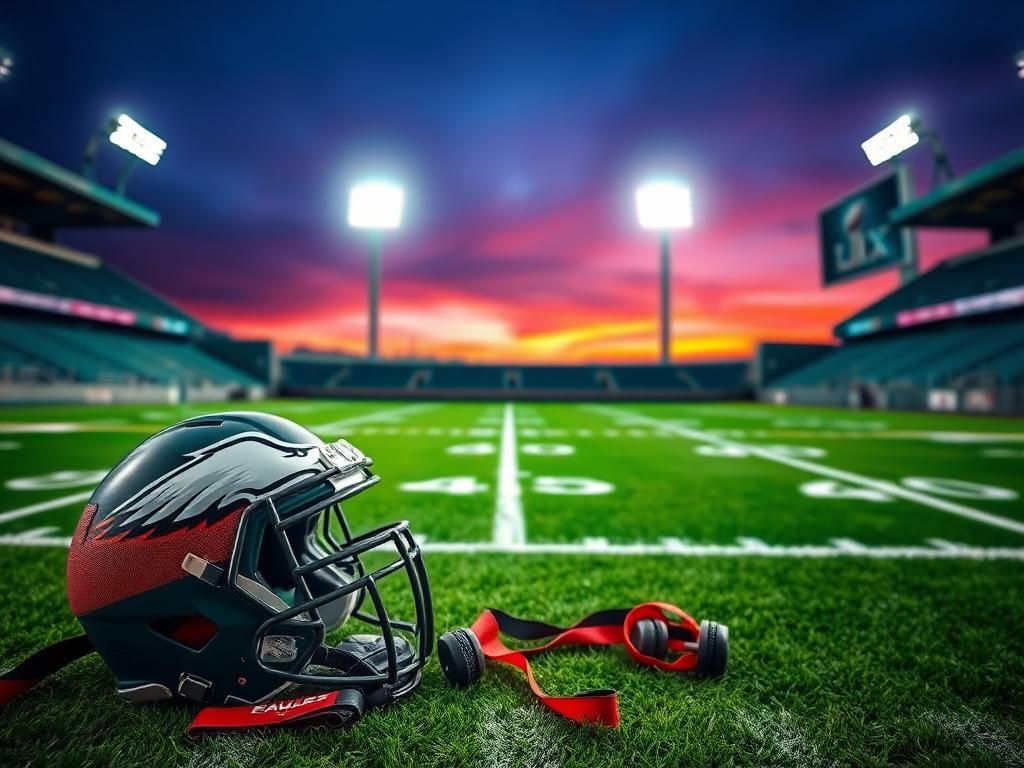 Flick International Football field under bright stadium lights with Eagles logo and recovery gear symbolizing resilience