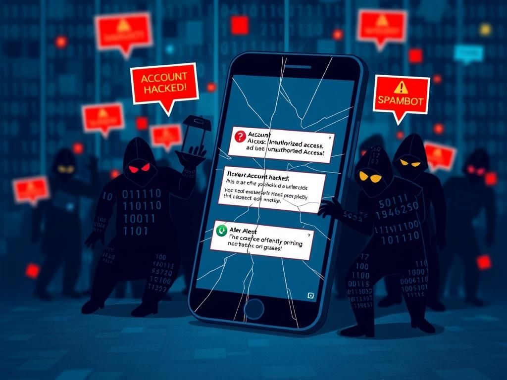 Flick International Digital illustration depicting a cracked smartphone with alarming notifications about social media hacking