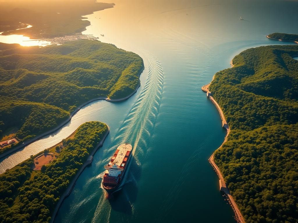 Flick International Aerial view of the Panama Canal with cargo ship navigating through