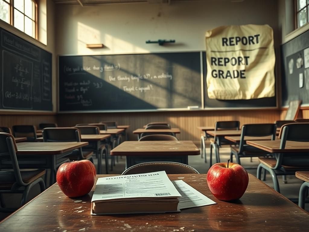 Flick International Desolate classroom with empty desks, a chalkboard filled with faded equations, and a red apple symbolizing education.