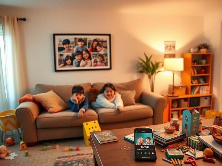 Flick International Cozy family living room with colorful toys and framed photographs