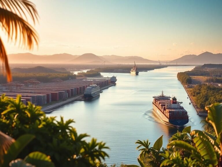 Flick International Panoramic view of the Panama Canal with lush vegetation and a cargo ship