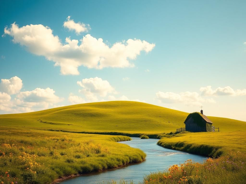 Flick International Serene landscape with rolling green hills and a meandering river