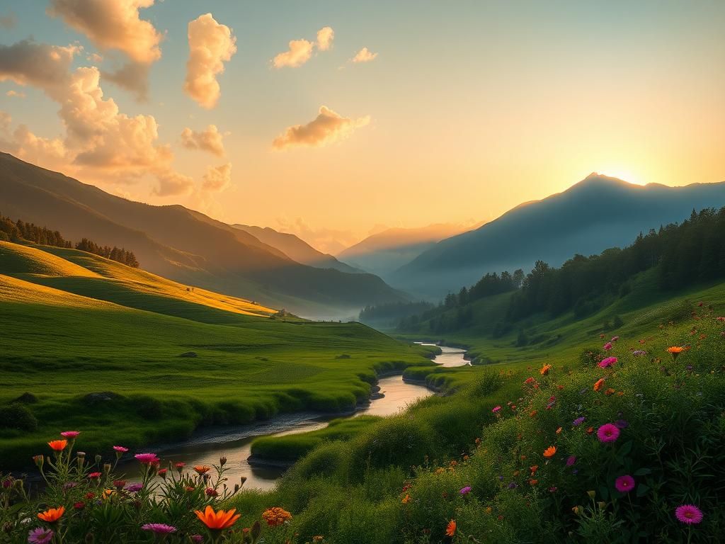 Flick International Serene landscape of a lush green valley at dawn with a tranquil river.