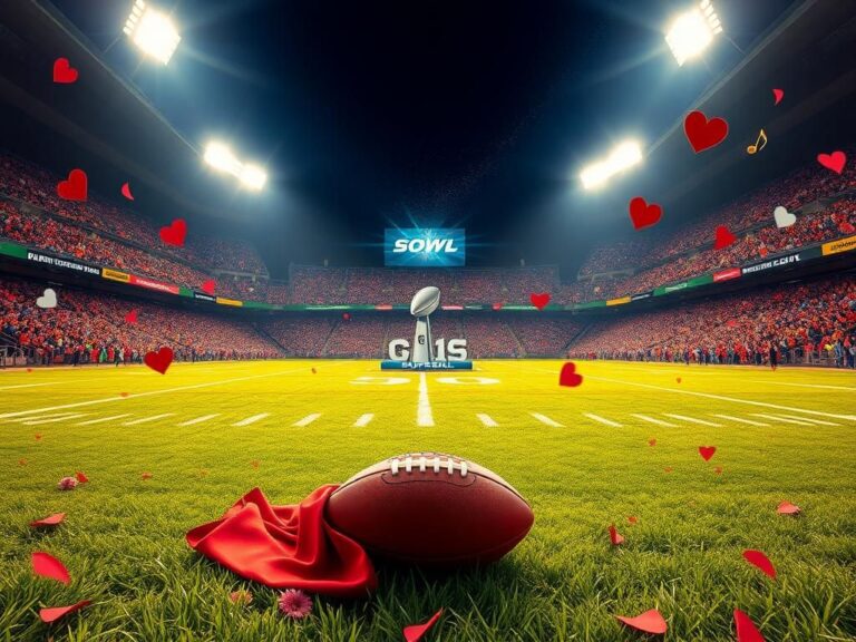 Flick International Football field illuminated under bright stadium lights with a football draped in a red dress