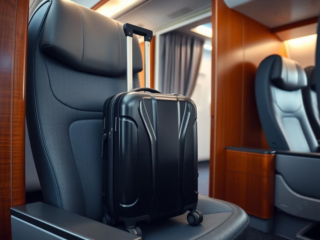 Flick International Elegant black hard-shell suitcase strapped into a first-class airplane seat