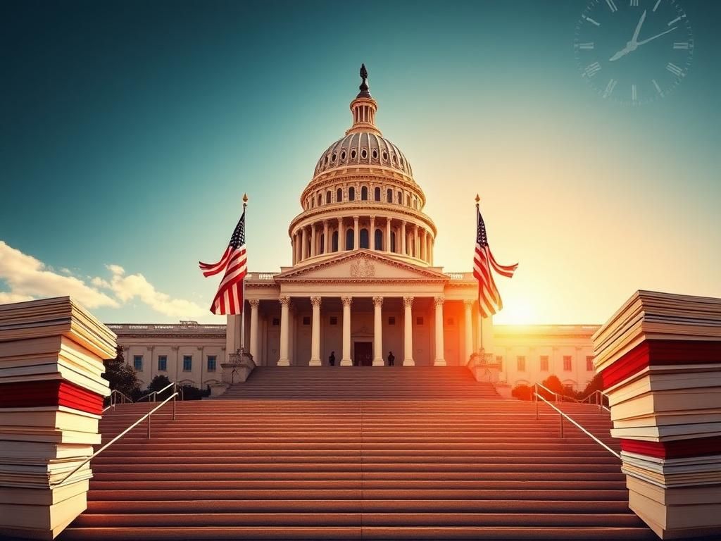 Flick International U.S. Capitol building with a grand staircase and American flags