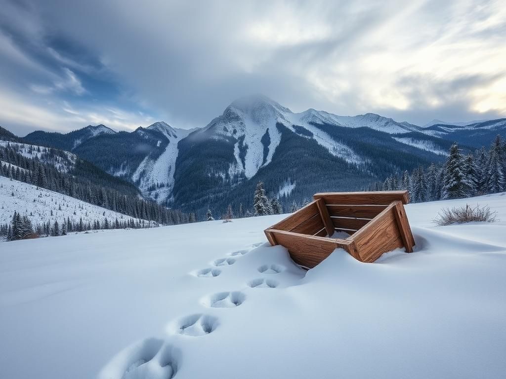 Flick International Dramatic winter landscape in Grand County, Colorado, with an open wooden crate in the snow