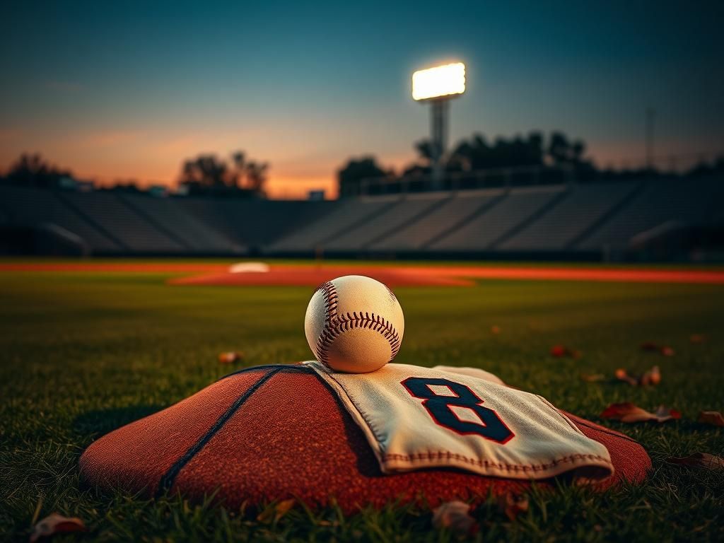 Flick International A serene baseball diamond at dusk with a worn baseball and faded jersey number 8 symbolizing Rich Dauer's legacy